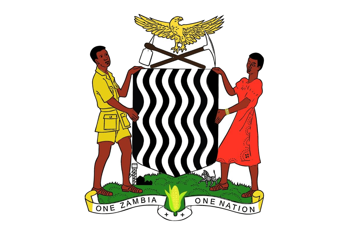 The coat of arms of the Republic of Zambia, with an eagle above a black-and-white shield supported by a man and a woman, over the motto One Zambia, One Nation.